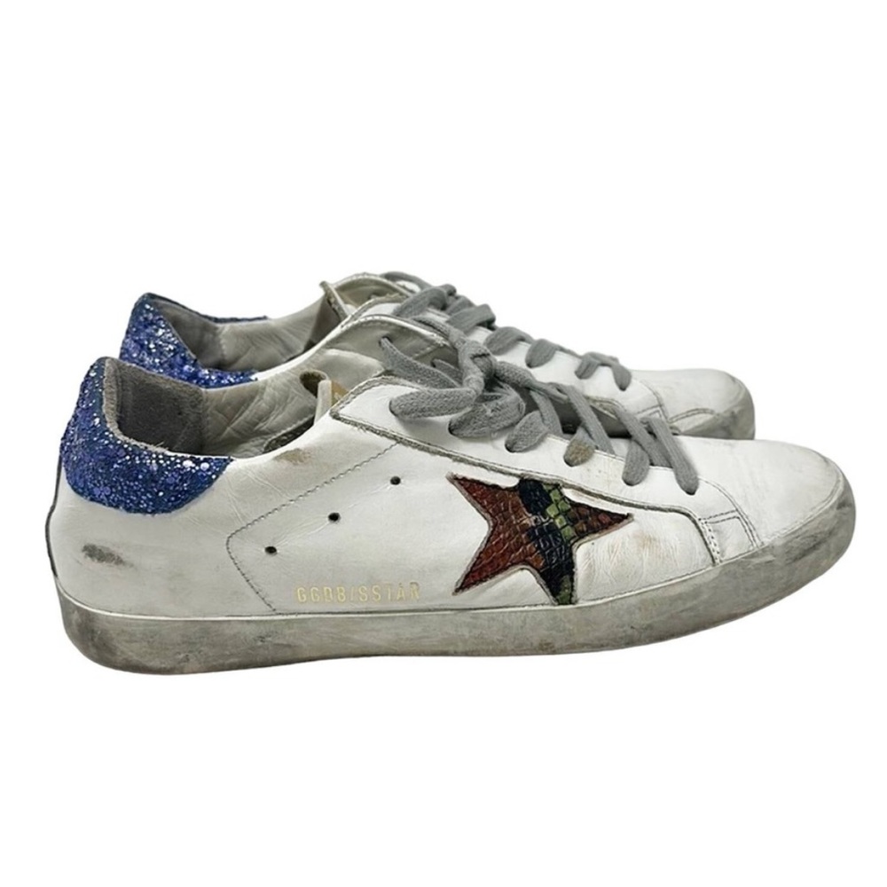 Golden Goose White Sneakers with Blue Glitter and Red Star